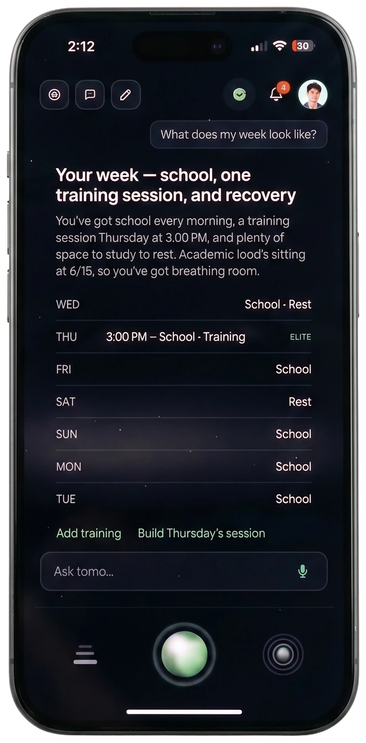 tomo chat — AI agent answering 'What does my week look like?' with weekly schedule