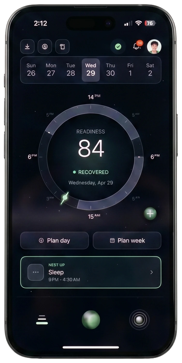 tomo readiness — daily score dial, week calendar, and Plan day / Plan week buttons